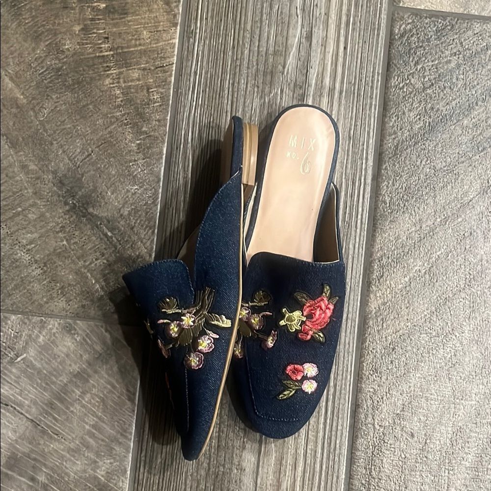Mix No. 6 Navy denim Floral Mules flats